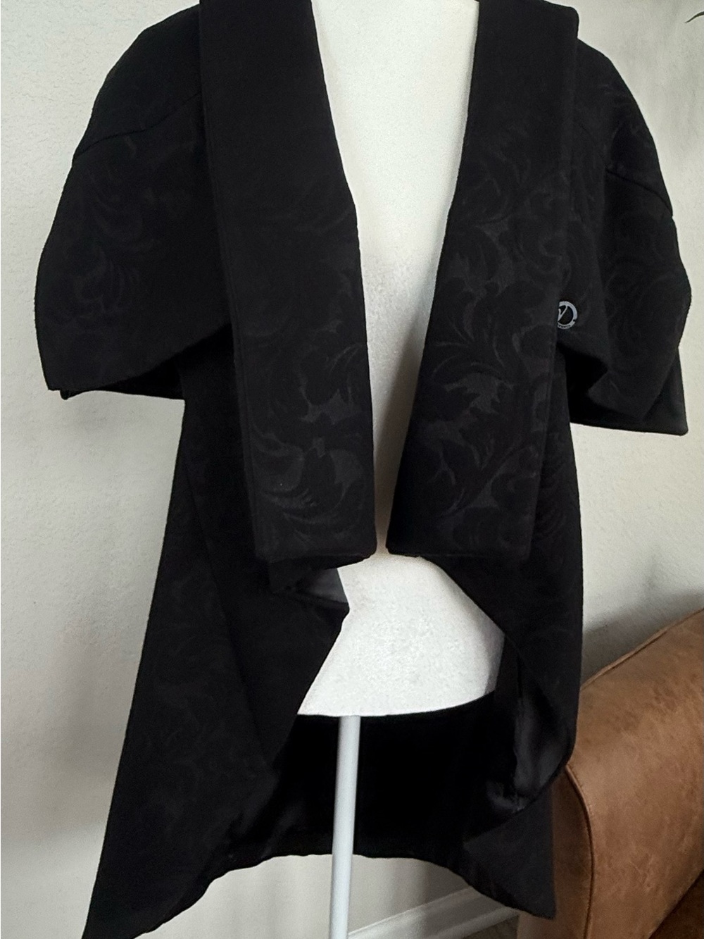 Paris Valtadoros V. Black Jacquard Asymmetric Cape Wrap Jacket Coat